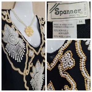 SPANNER Black V-Neck Sweater with Gold and White Embellishments
